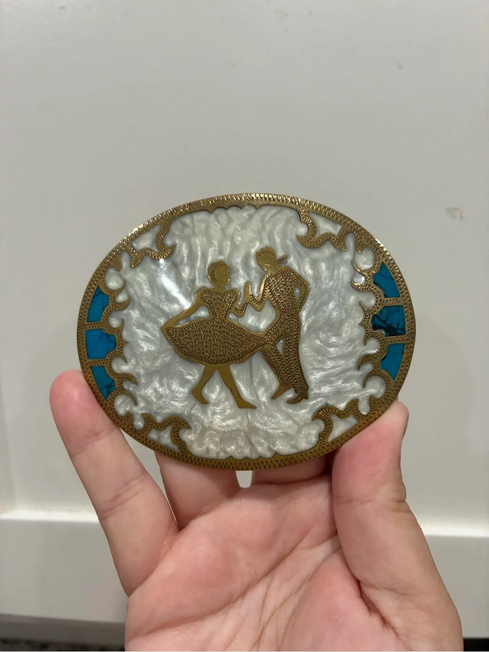 Vintage Square dancing belt buckle  in White and Turquoise